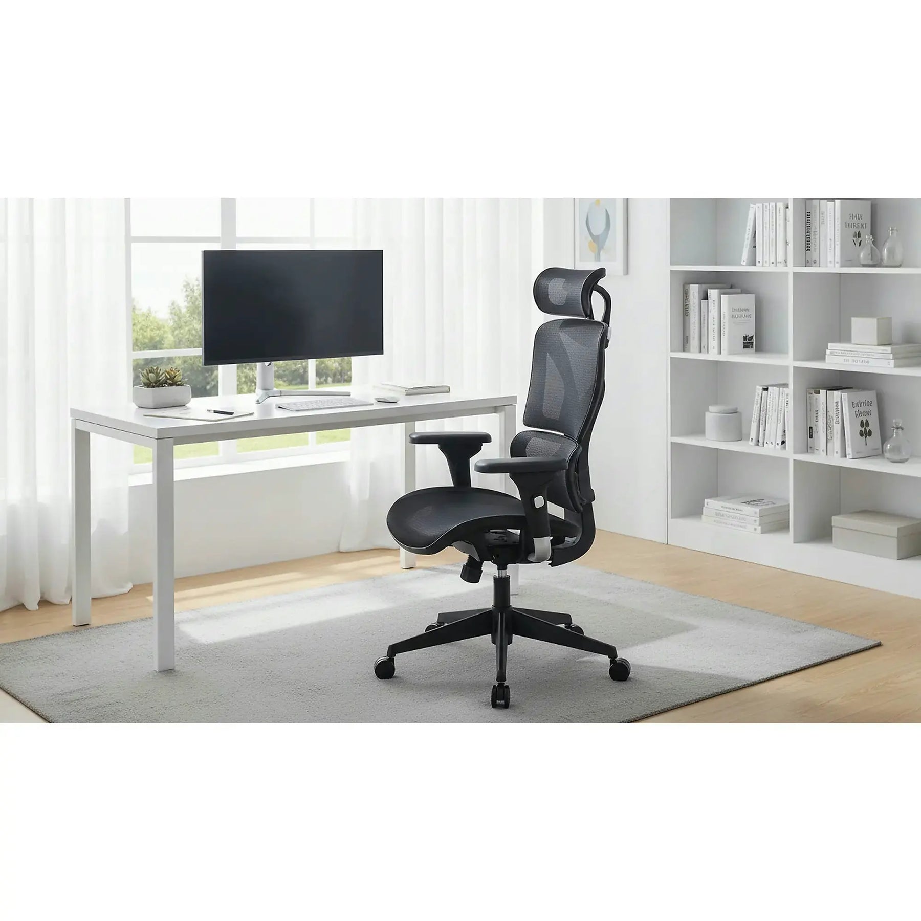 Scaun birou RANDY, stofă/plasa/plastic, negru, 77×70×118-128 cm
