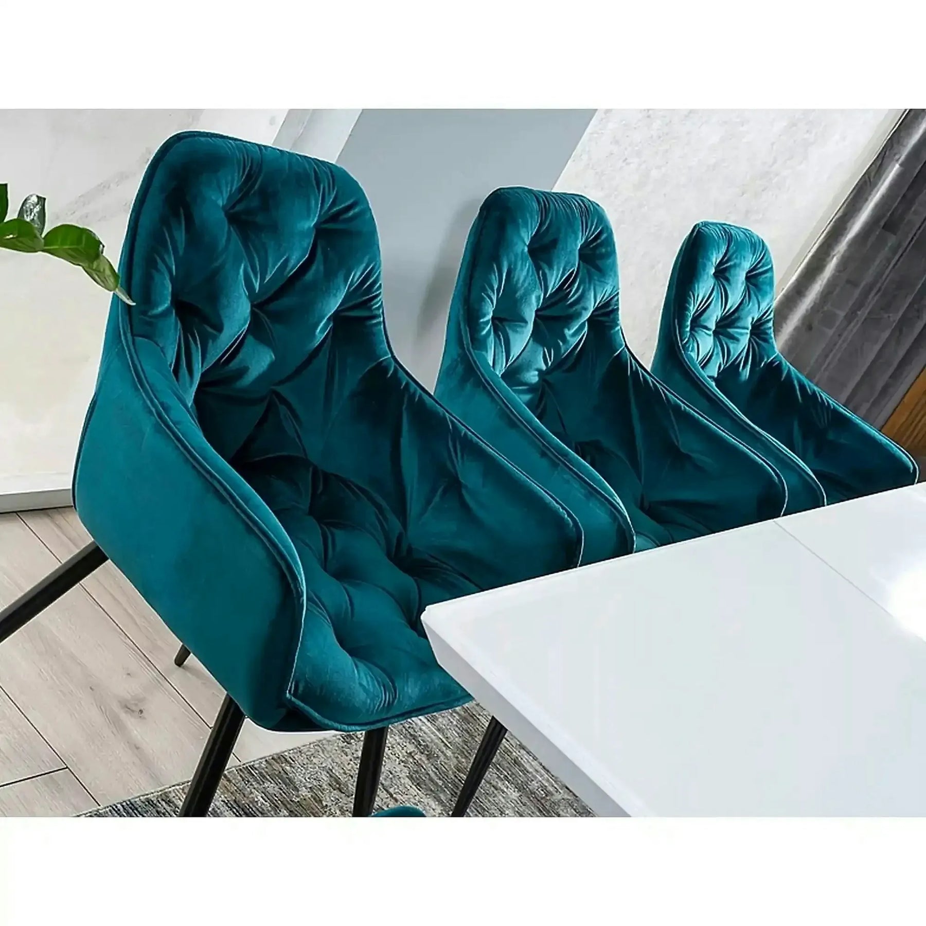 Scaun tapitat modern CHERRY, stofă catifelata/metal, turcoaz/negru, 57×58×87 cm