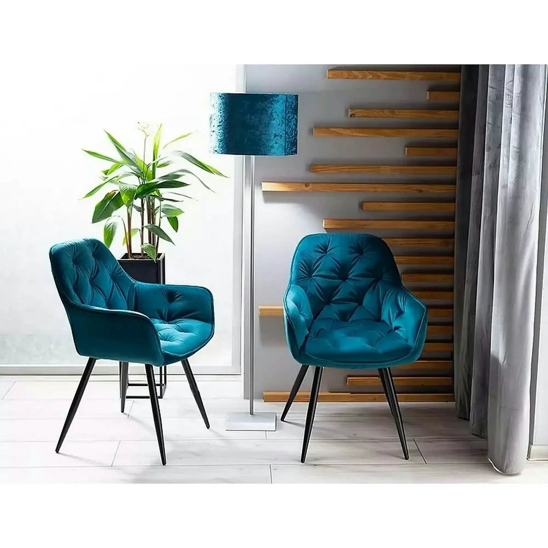 Scaun tapitat modern CHERRY, stofă catifelata/metal, turcoaz/negru, 57×58×87 cm