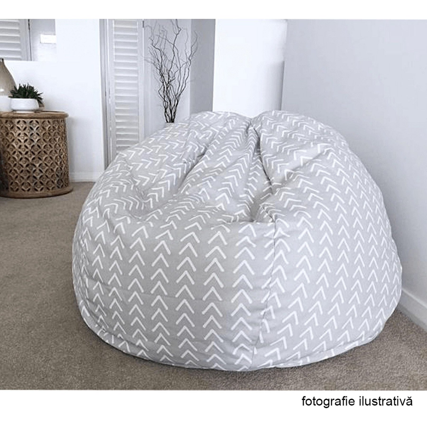 Fotoliu puf GOMBY, material textil/biluțe din polistiren, gri/alb/model zig-zag, 60x50x60 cm