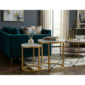 Set 2 masute cafea HOLA, PAL laminat/otel, alb cu efect de marmura/auriu