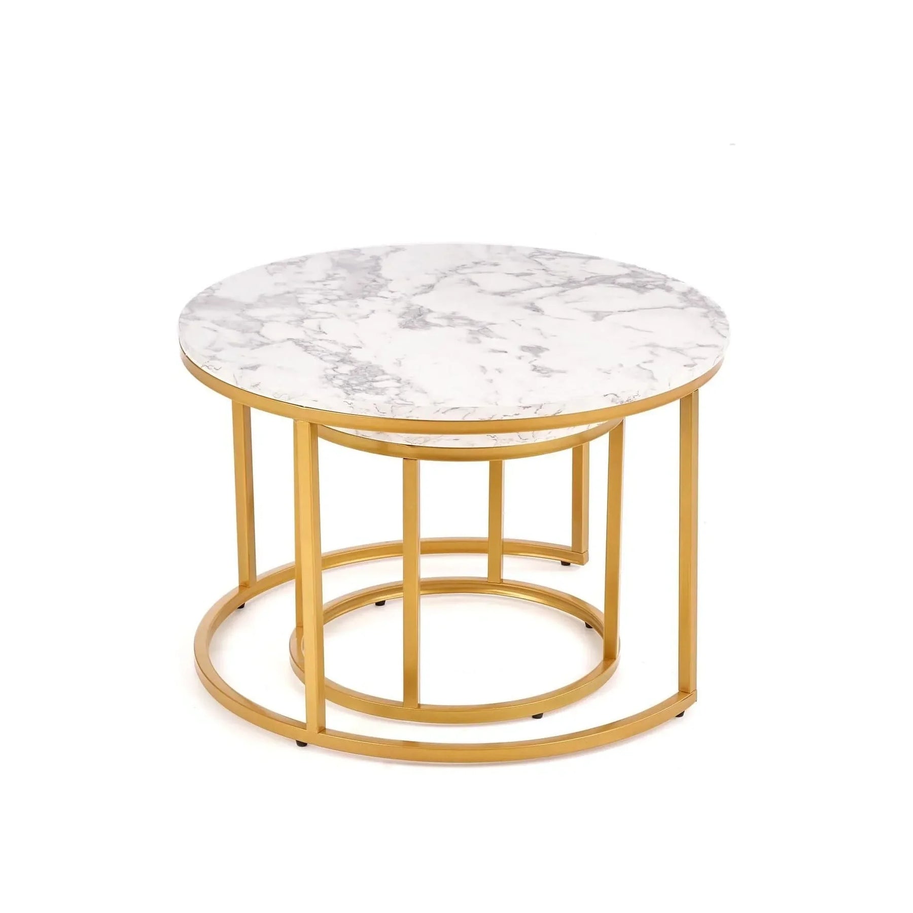 Masă de cafea rotundă albă cu detalii aurii, ideală pentru un living elegant – primabucata