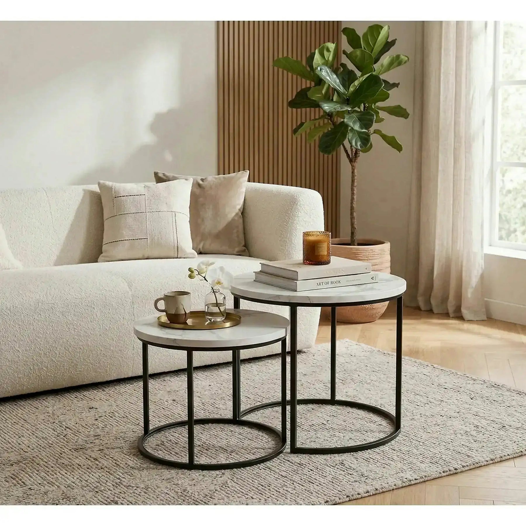 Set 2 masute cafea OREO, MDF furniruit/otel, alb cu efect de marmura/negru