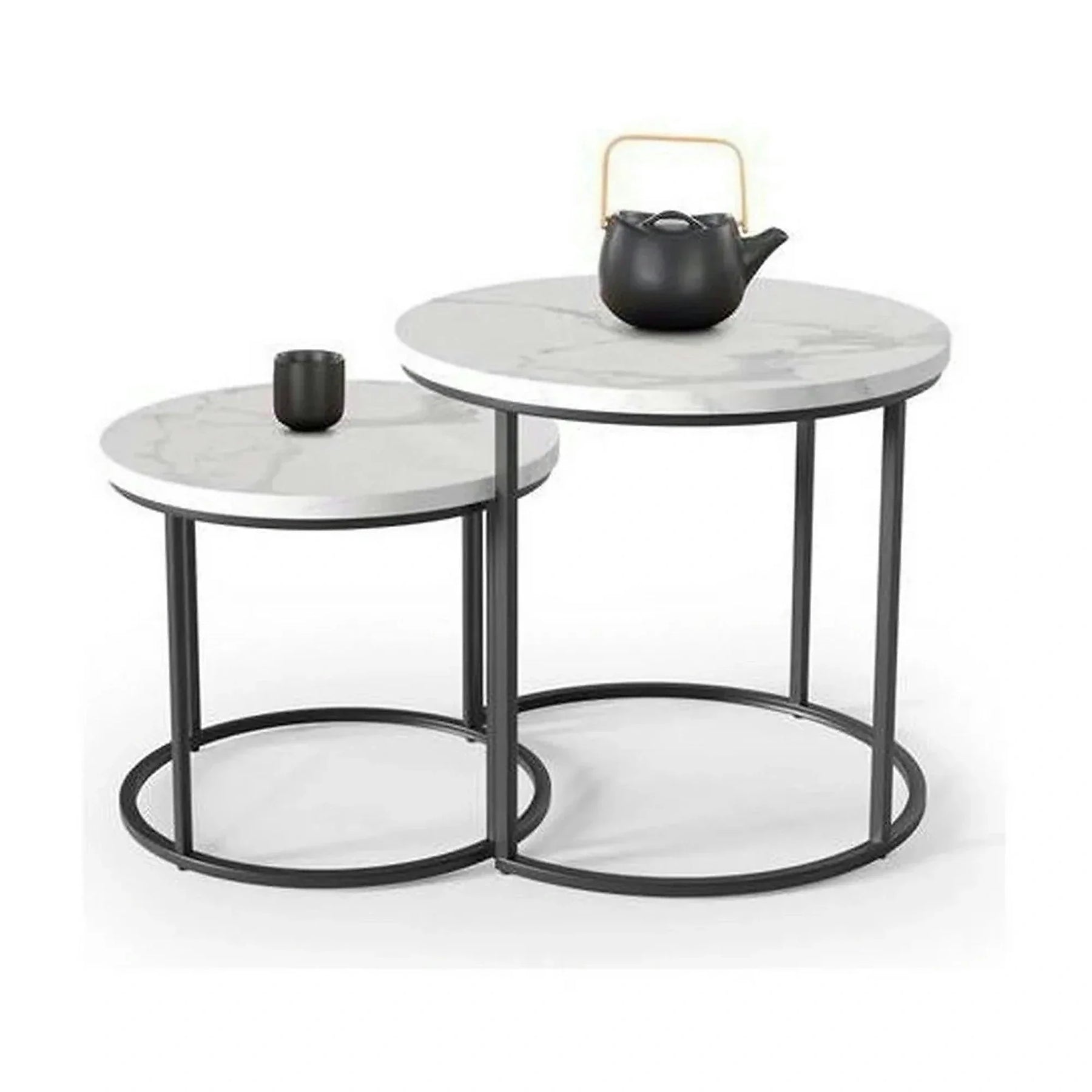 Set 2 masute cafea OREO, MDF furniruit/otel, alb cu efect de marmura/negru