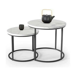 Set 2 masute cafea OREO, MDF furniruit/otel, alb cu efect de marmura/negru