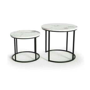 Set 2 masute cafea OREO, MDF furniruit/otel, alb cu efect de marmura/negru