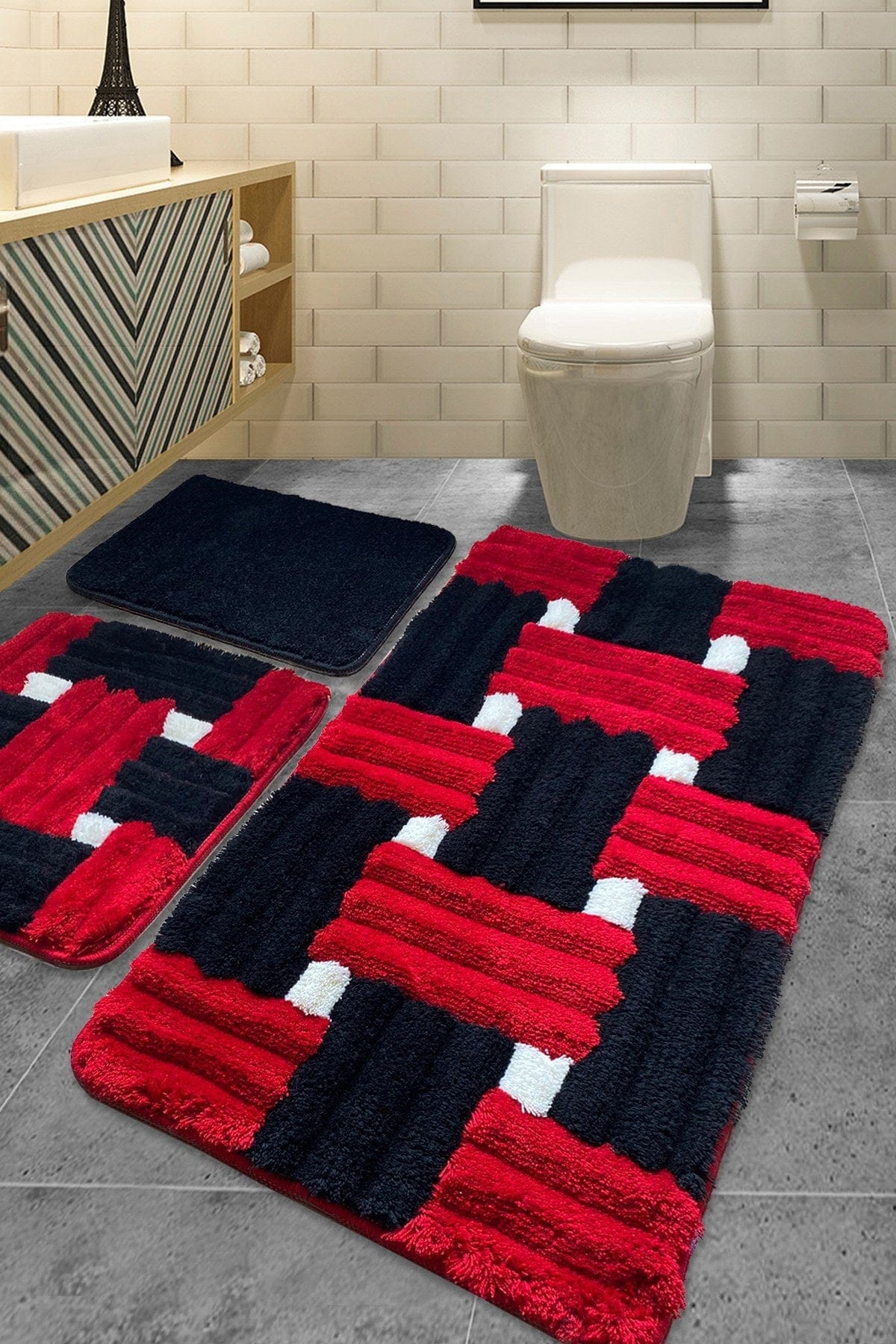 Set 3 covorase baie AMSTERDAM OCN-33912, negru/rosu