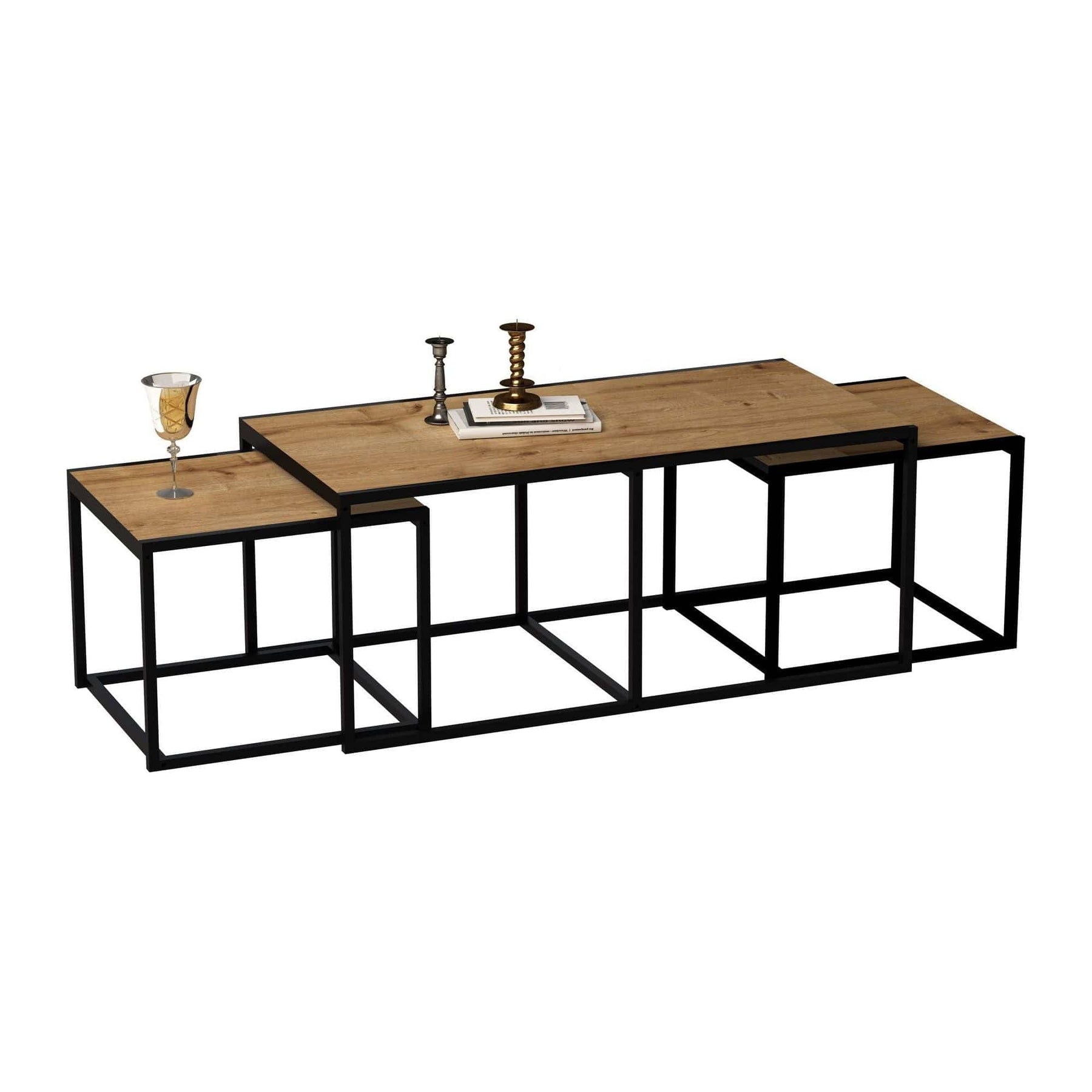 Set de 3 măsuțe de cafea stejar/negru, ideale pentru un living modern – primabucata