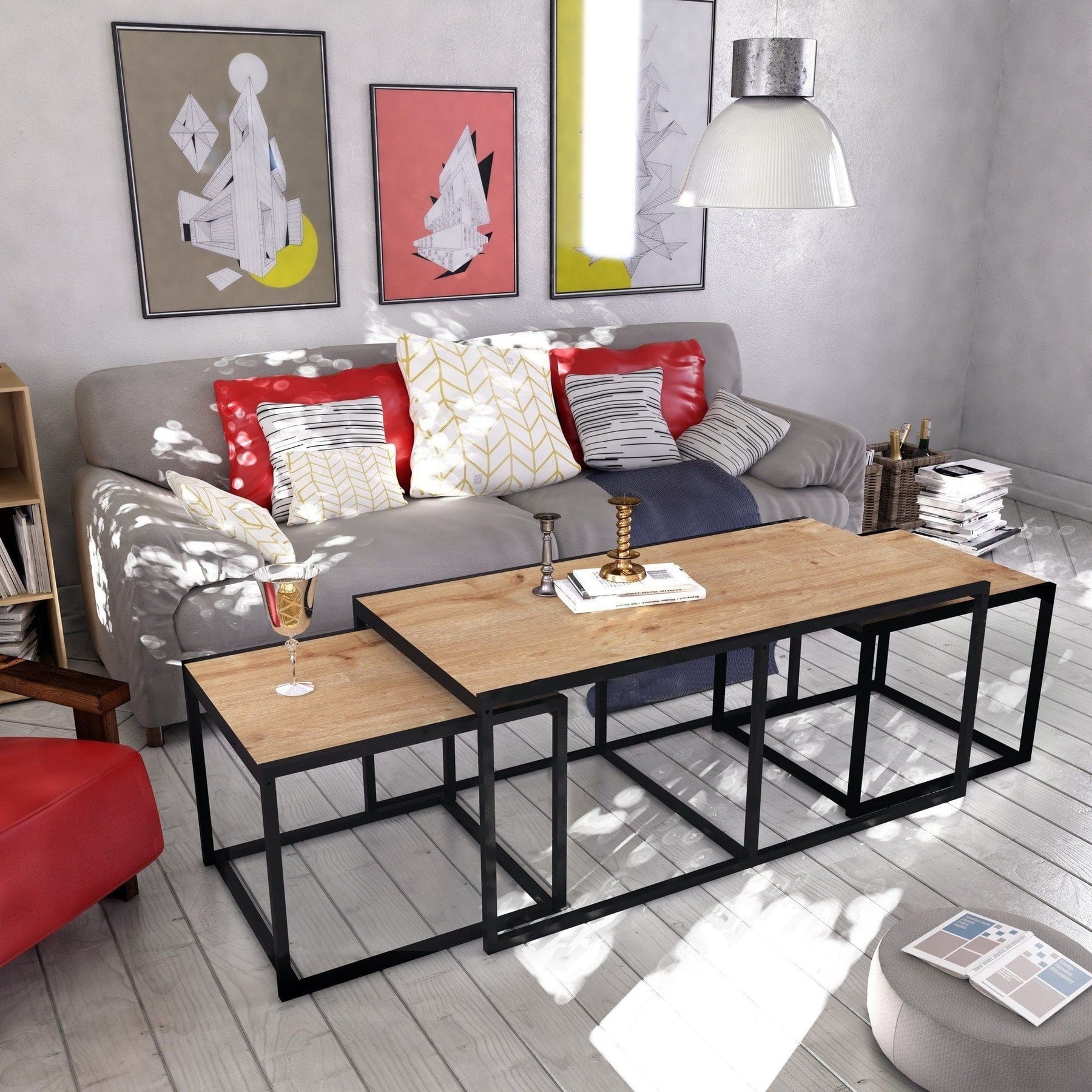 Set de 3 măsuțe de cafea stejar/negru într-un living modern – primabucata