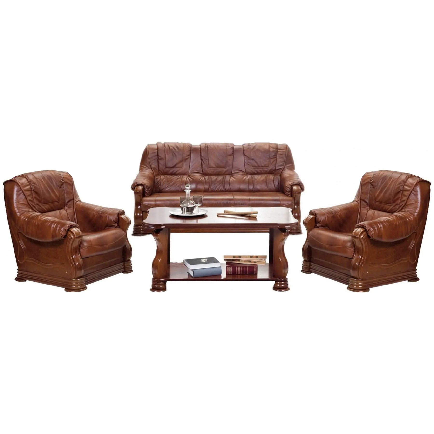 Set de living maro cu canapea și fotolii, ideal pentru un interior elegant – primabucata