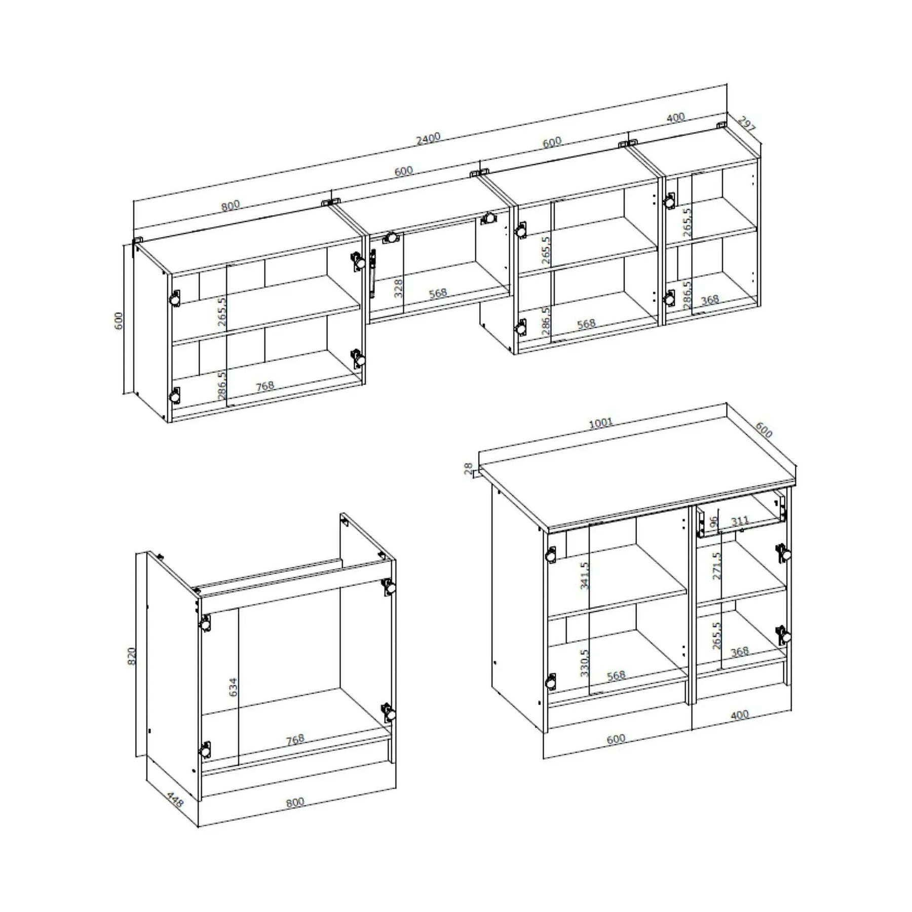 Set bucatarie DARIA, stejar craft/gri cu efect de marmura, PAL laminat/sticla, 240 cm
