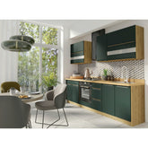 Set bucatarie GLAMOUR A, carcasa stejar artisan/fronturi verde mat, PAL, 270 cm, cu blatul artisan, plinta superioara si inferioara incluse