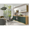 Set bucatarie GLAMOUR C PLUS, PAL/MDF/sticlă, stejar artisan/verde mat/alb/auriu, 260 cm