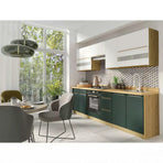 Set bucatarie GLAMOUR C PLUS, PAL/MDF/sticlă, stejar artisan/verde mat/alb/auriu, 260 cm