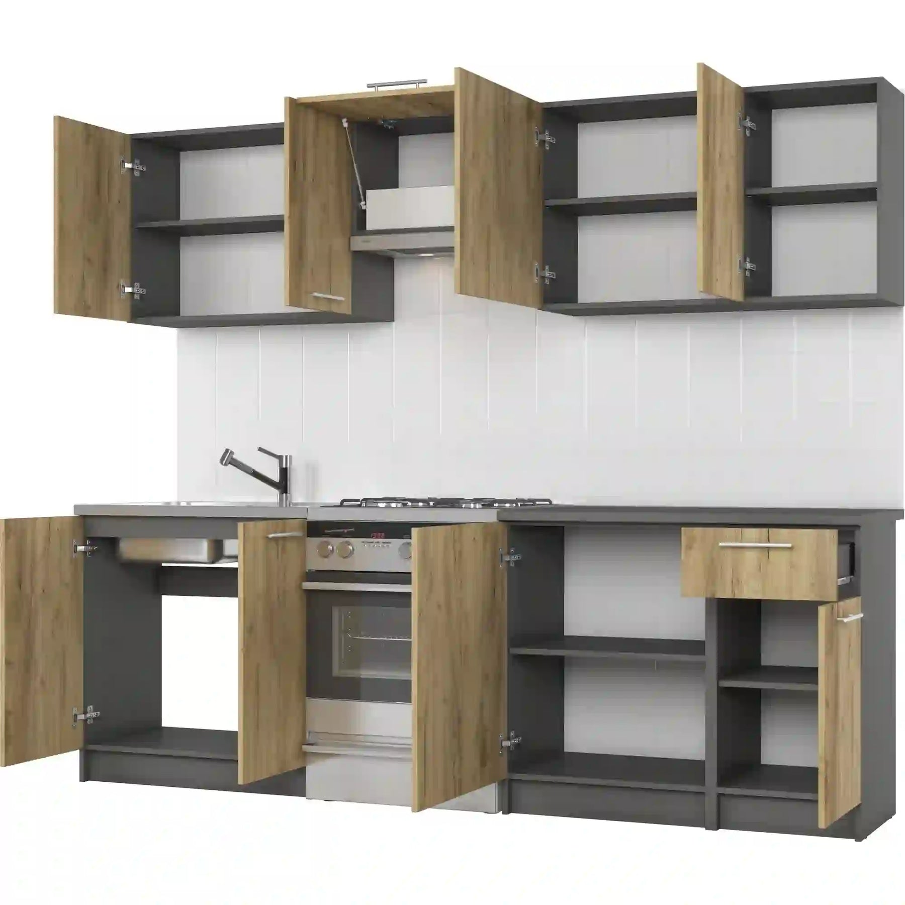 Set bucătărie stejar craft/gri, cu uși deschise, într-un spațiu modern – primabucata