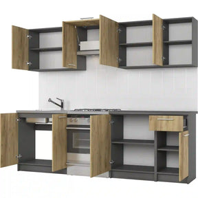 Set bucătărie stejar craft/gri, cu uși deschise, într-un spațiu modern – primabucata
