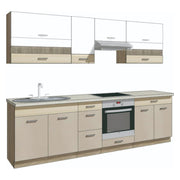 Set bucatarie PREMIO C PLUS, carcasa stejar sonoma/fronturi cappuccino si alb lucios, PAL, 260 cm, cu blatul trawertyn si plintele incluse