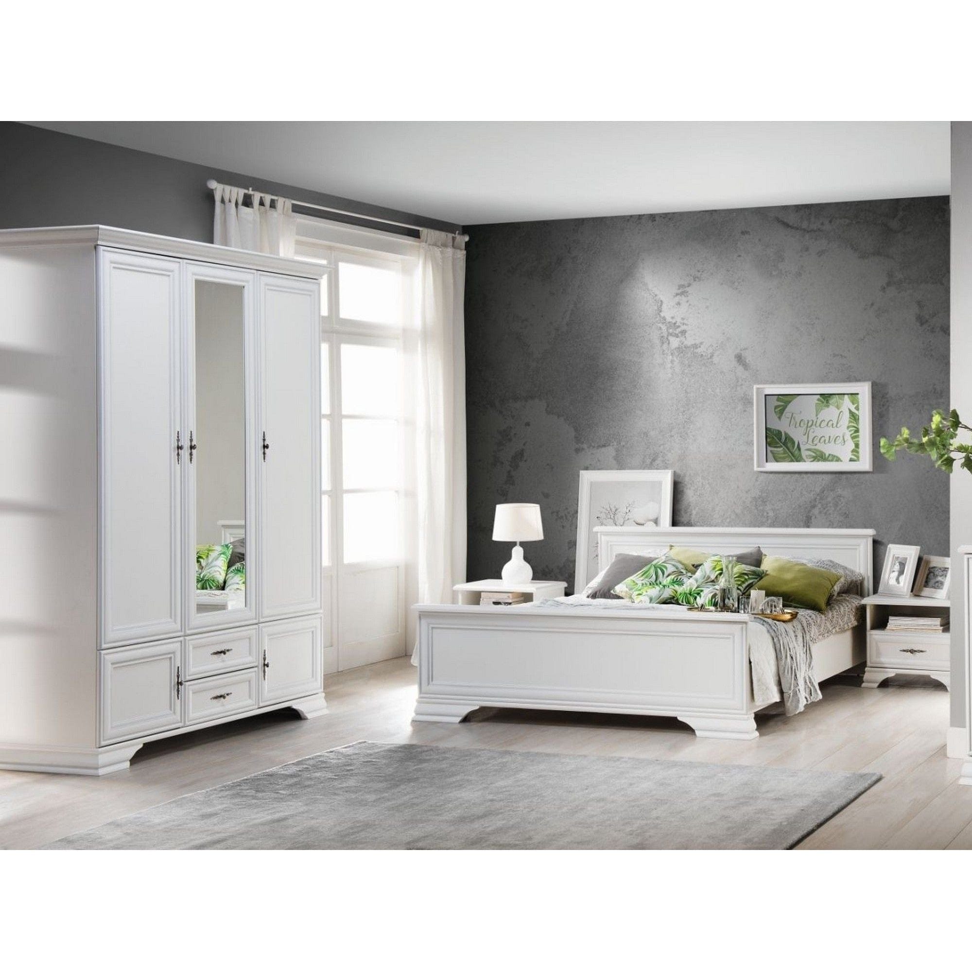 Set dormitor IDENTO 2, alb, cu pat 160x200, dulap cu 5 usi si 2 sertare, si 2 noptiere