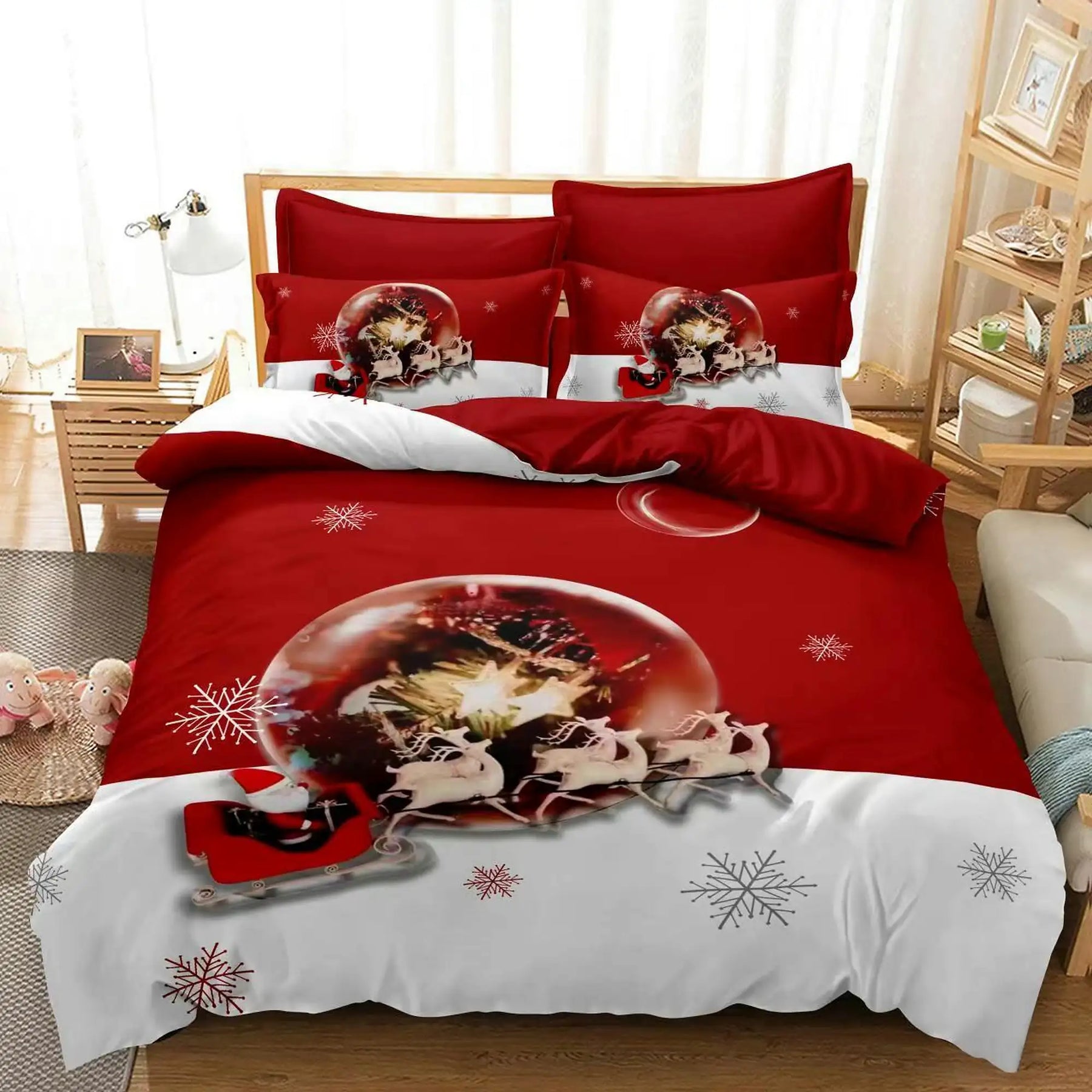 Set lenjerie pat finet F-XMAS39, poliester/bumbac finet, rosu/alb, 220x230 cm, cu cearceaf pat, cearceaf pilota si 4 fete de perna