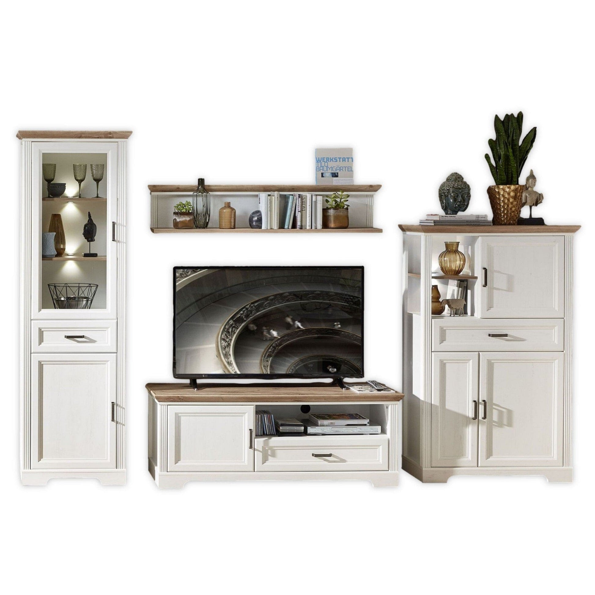 Mobilier living JASMIN, alb/stejar artisan, PAL melaminat, cu iluminare LED, 4 piese