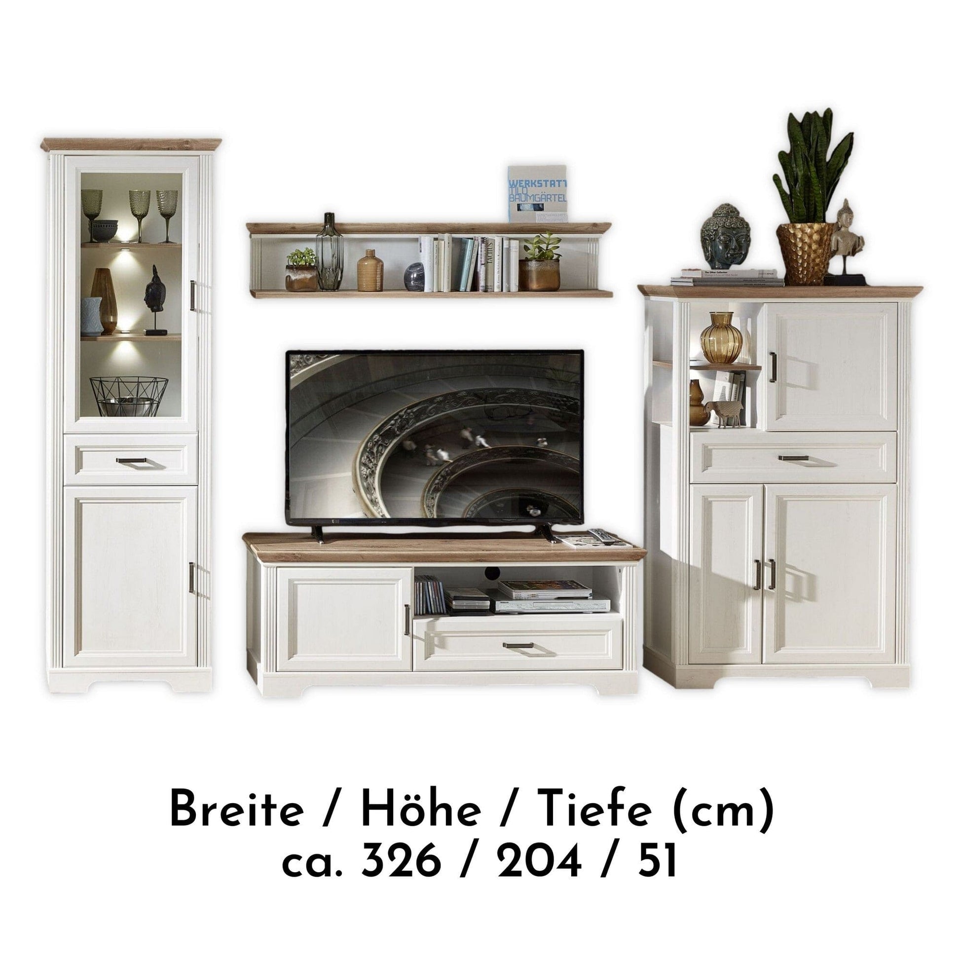 Mobilier living JASMIN, alb/stejar artisan, PAL melaminat, cu iluminare LED, 4 piese