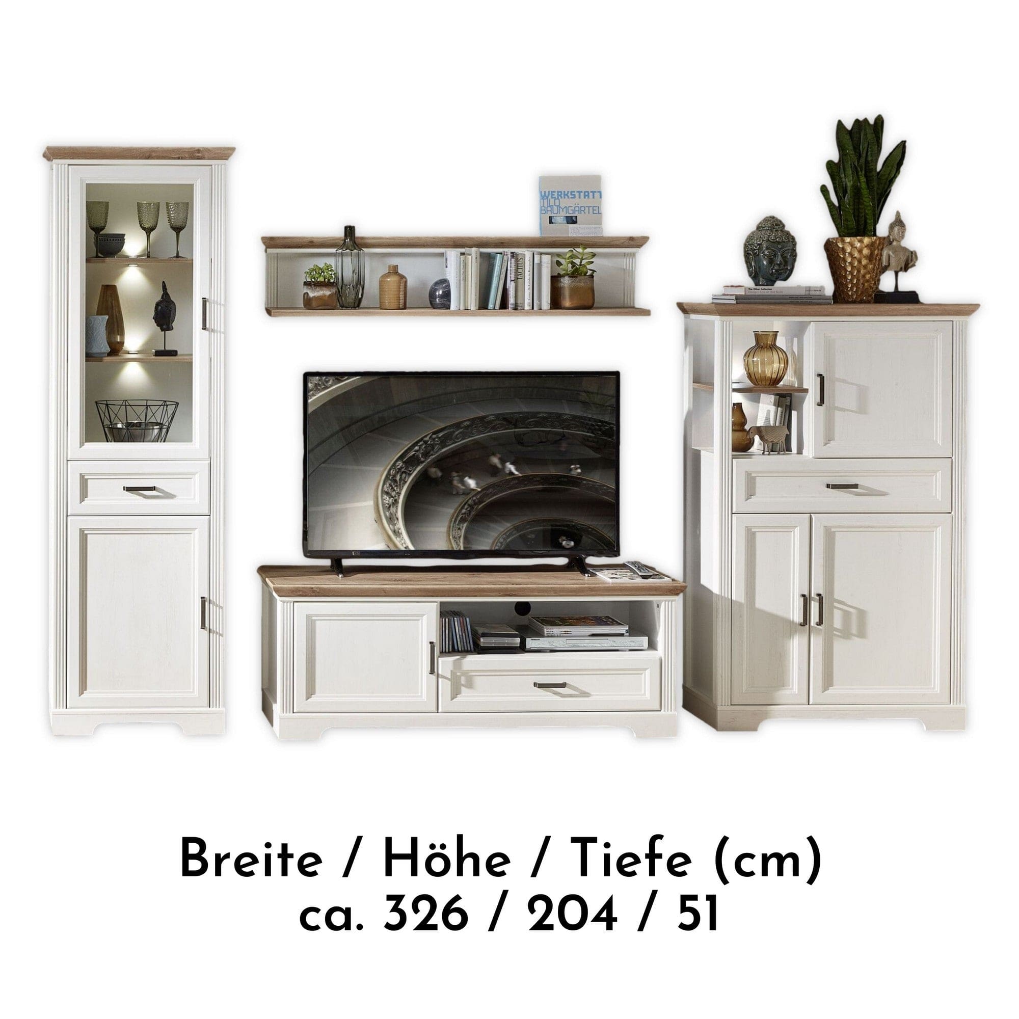 Mobilier living JASMIN, alb/stejar artisan, PAL melaminat, cu iluminare LED, 4 piese