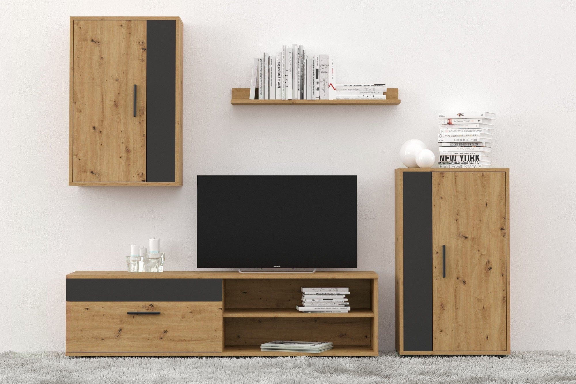 Mobilier living BARATO MINI, stejar artisan/negru, PAL, 200x36x190 cm