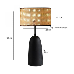 Set lustra si lampa AYD-3742, metal/ratan, negru/bej, 24/30×24/30×50/80 cm