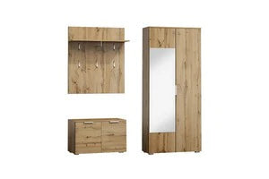 Set modern de mobilier pentru hol, compus din cuier, dulap și oglindă, în finisaj natural din lemn.