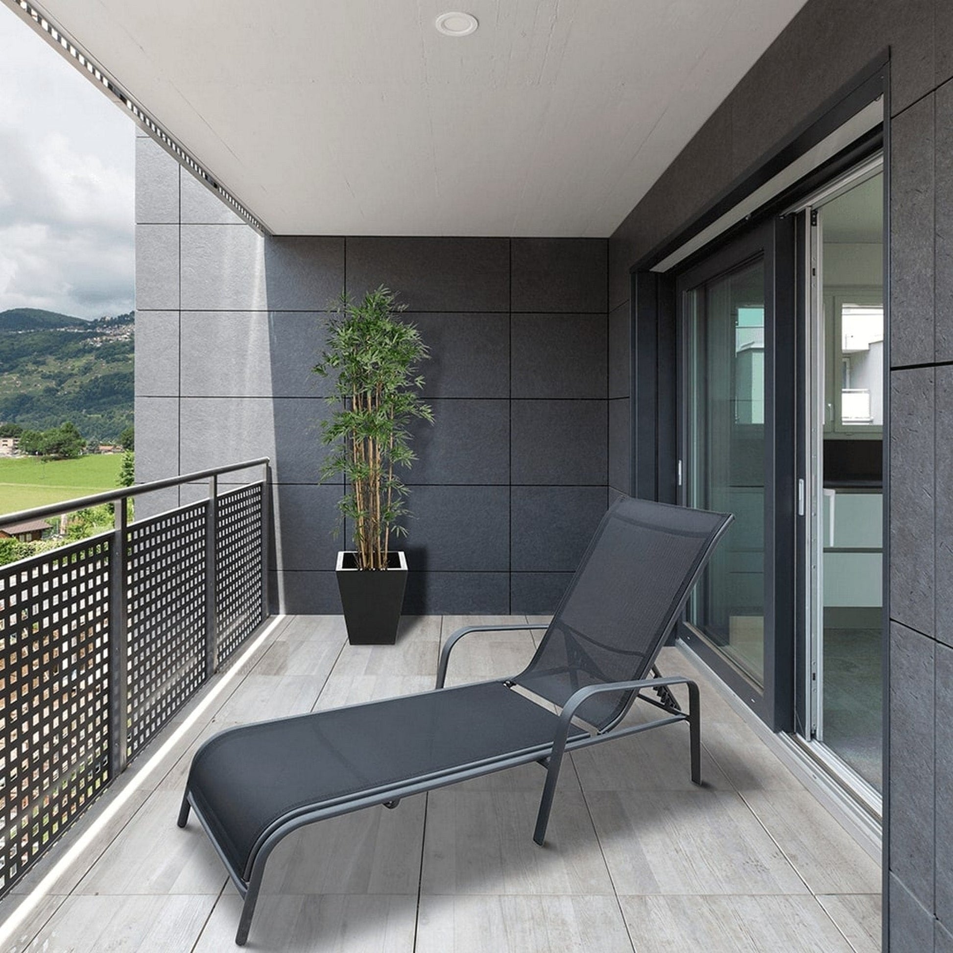 Sezlong gradina ATREO, negru/gri, material textil/metal, 64x161x48/100 cm