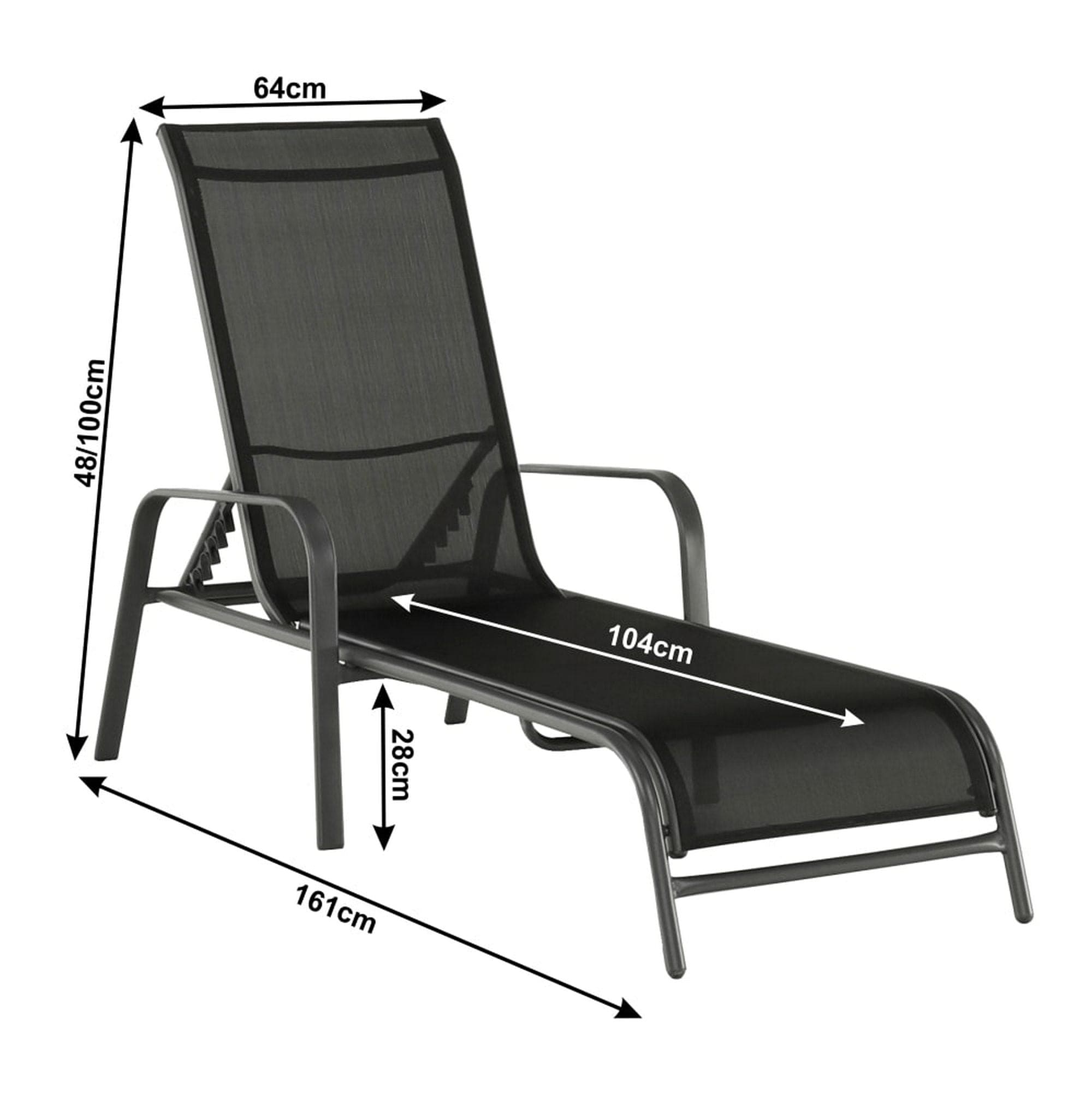 Sezlong gradina ATREO, negru/gri, material textil/metal, 64x161x48/100 cm