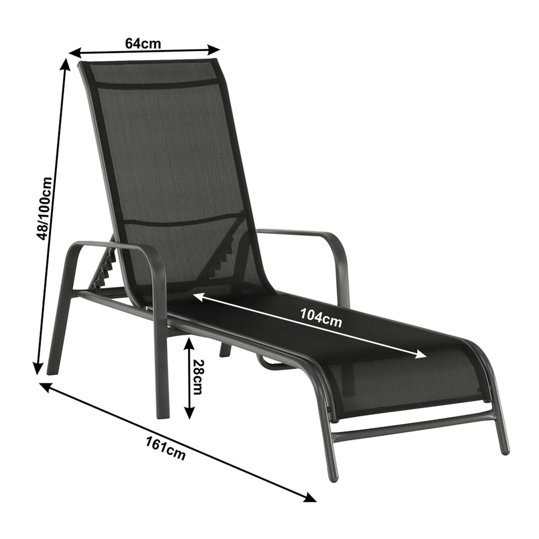 Sezlong gradina ATREO, negru/gri, material textil/metal, 64x161x48/100 cm