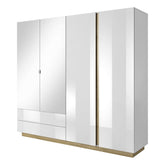 Dulap haine CITY, PAL laminat, alb/stejar grandson/luciu alb, 220x54x202,4 cm, cu iluminare LED, 4 usi si 2 sertare