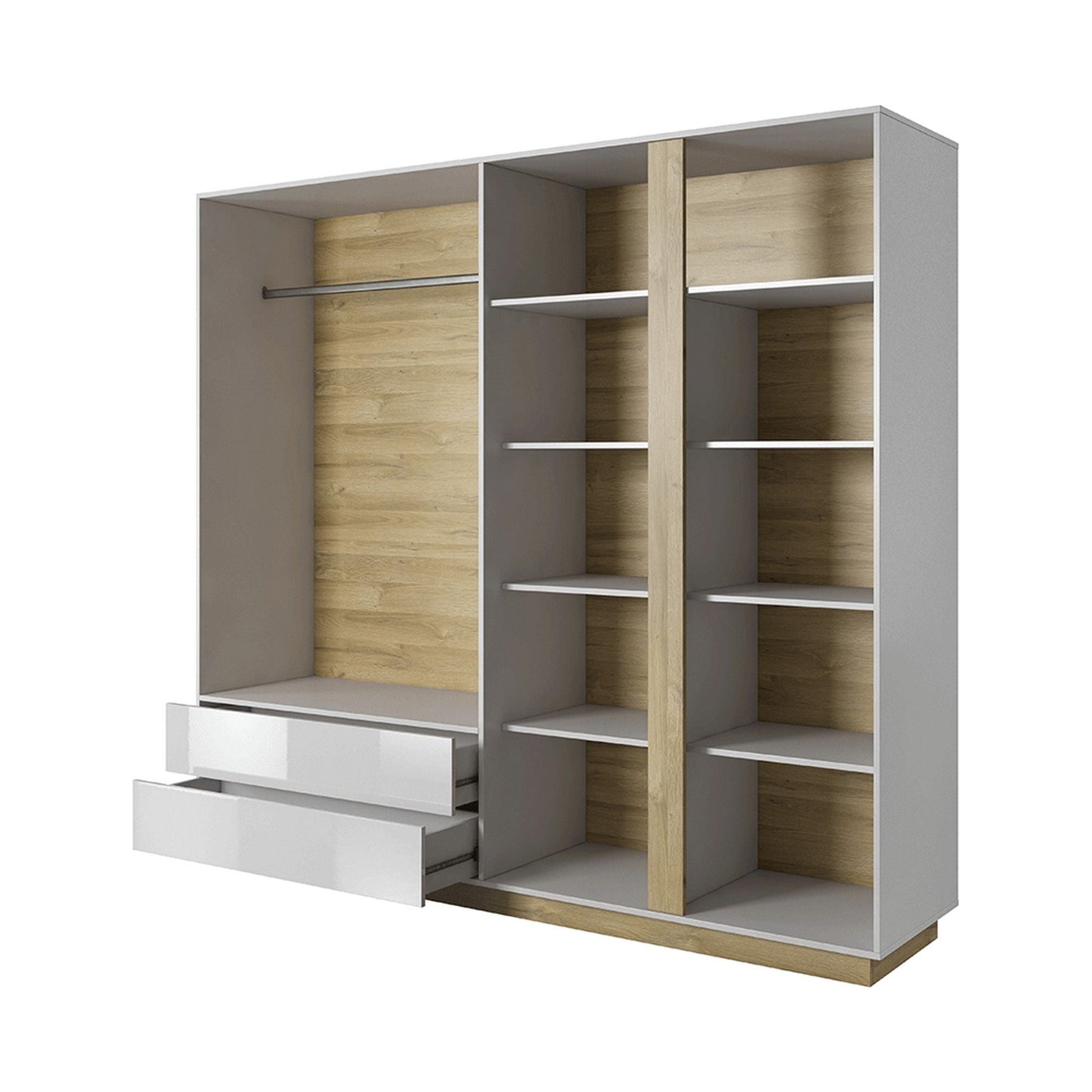 Dulap haine CITY, PAL laminat, alb/stejar grandson/luciu alb, 220x54x202,4 cm, cu iluminare LED, 4 usi si 2 sertare