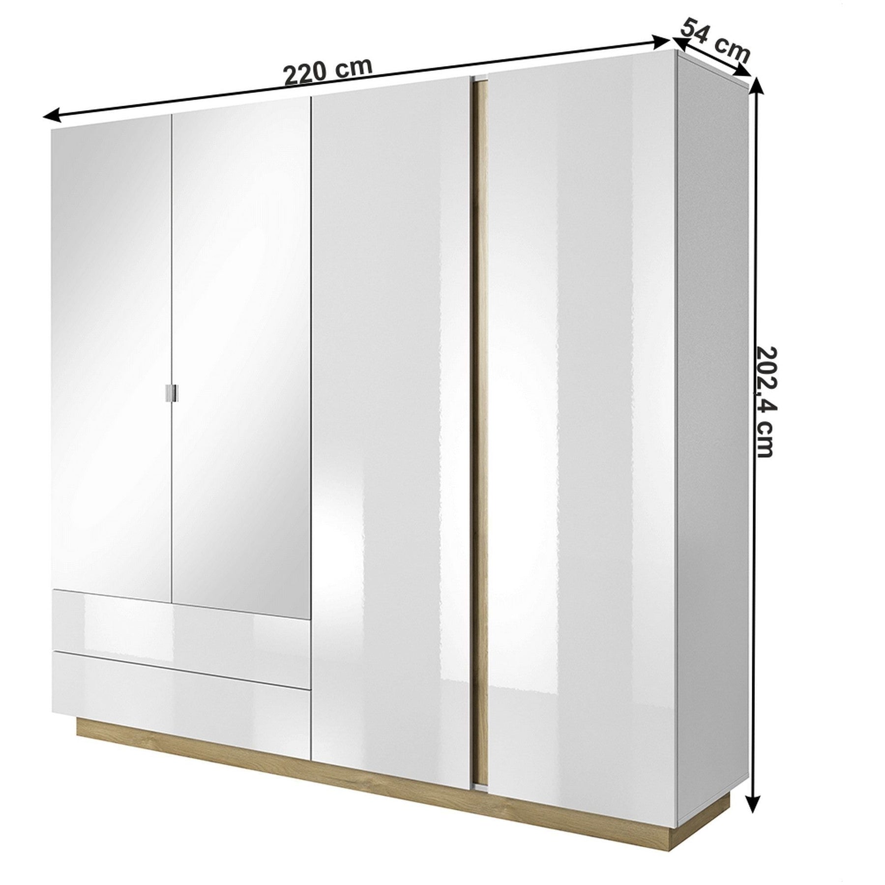 Dulap haine CITY, PAL laminat, alb/stejar grandson/luciu alb, 220x54x202,4 cm, cu iluminare LED, 4 usi si 2 sertare
