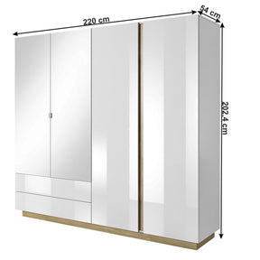 Dulap haine CITY, PAL laminat, alb/stejar grandson/luciu alb, 220x54x202,4 cm, cu iluminare LED, 4 usi si 2 sertare