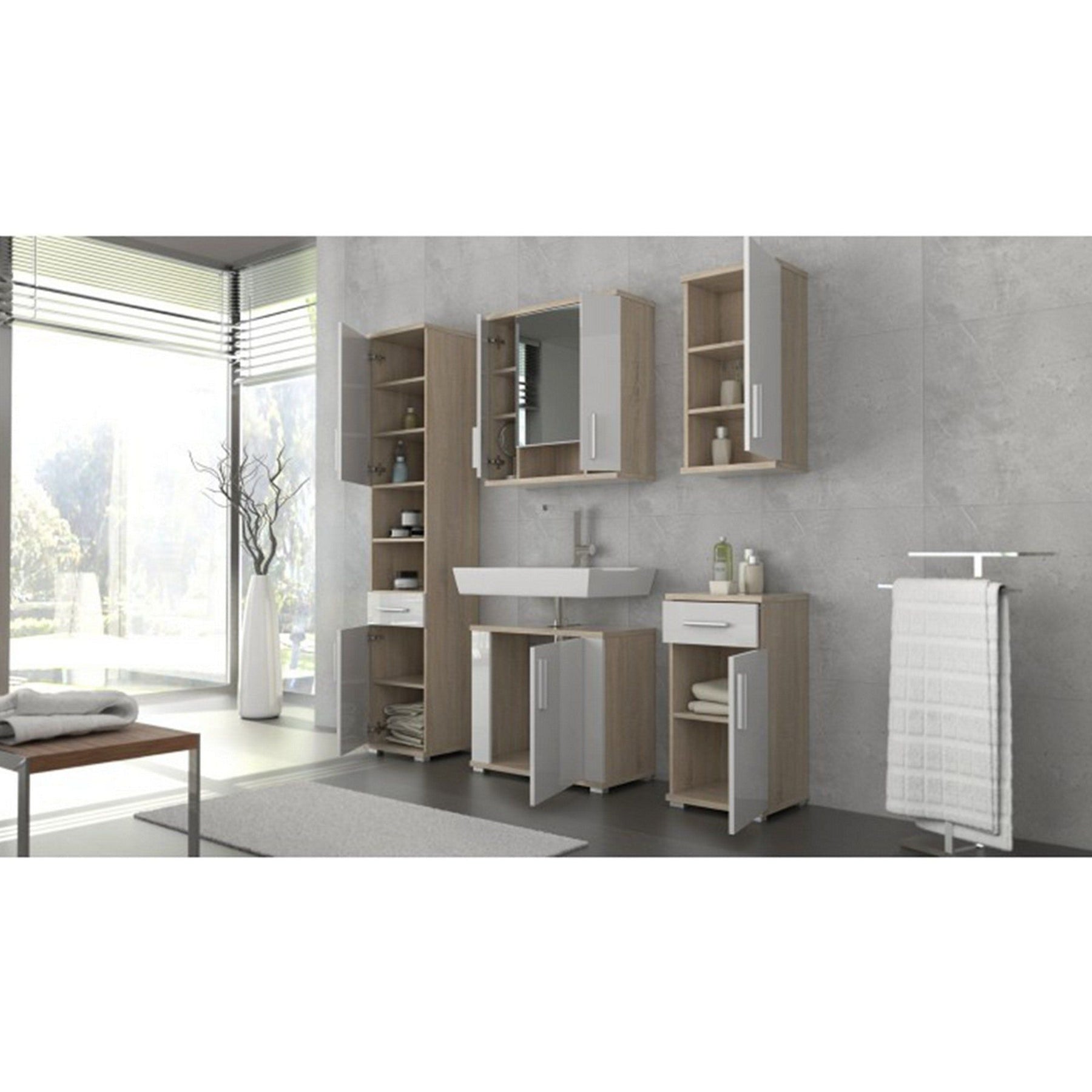 Dulap de baie suspendat cu oglinda LESSY NEW 01, cu 2 usi, stejar sonoma/alb mat, 68.7x26x72 cm