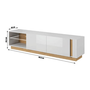 Comoda CITY RTV, stejar grandson/alb lucios, PAL melaminat/sticla, cu iluminare LED, 187,5x45,5x40 cm