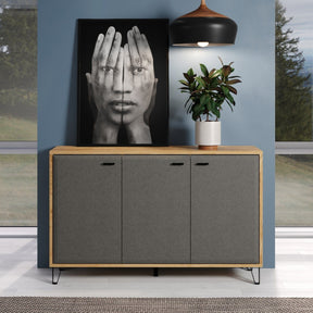 Comoda GRACE, stejar/gri antracit, PAL laminat, cu 3 usi, 144x42x90 cm