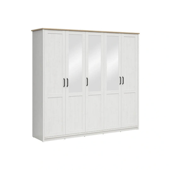 Dressing LOKSA, pin alb/stejar grandson, PAL laminat, cu 5 usi, 241x58x220 cm