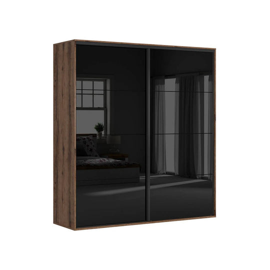 Dressing FLEX, stejar inchis/negru lucios, PAL, cu 2 usi glisante, 220x66x240 cm