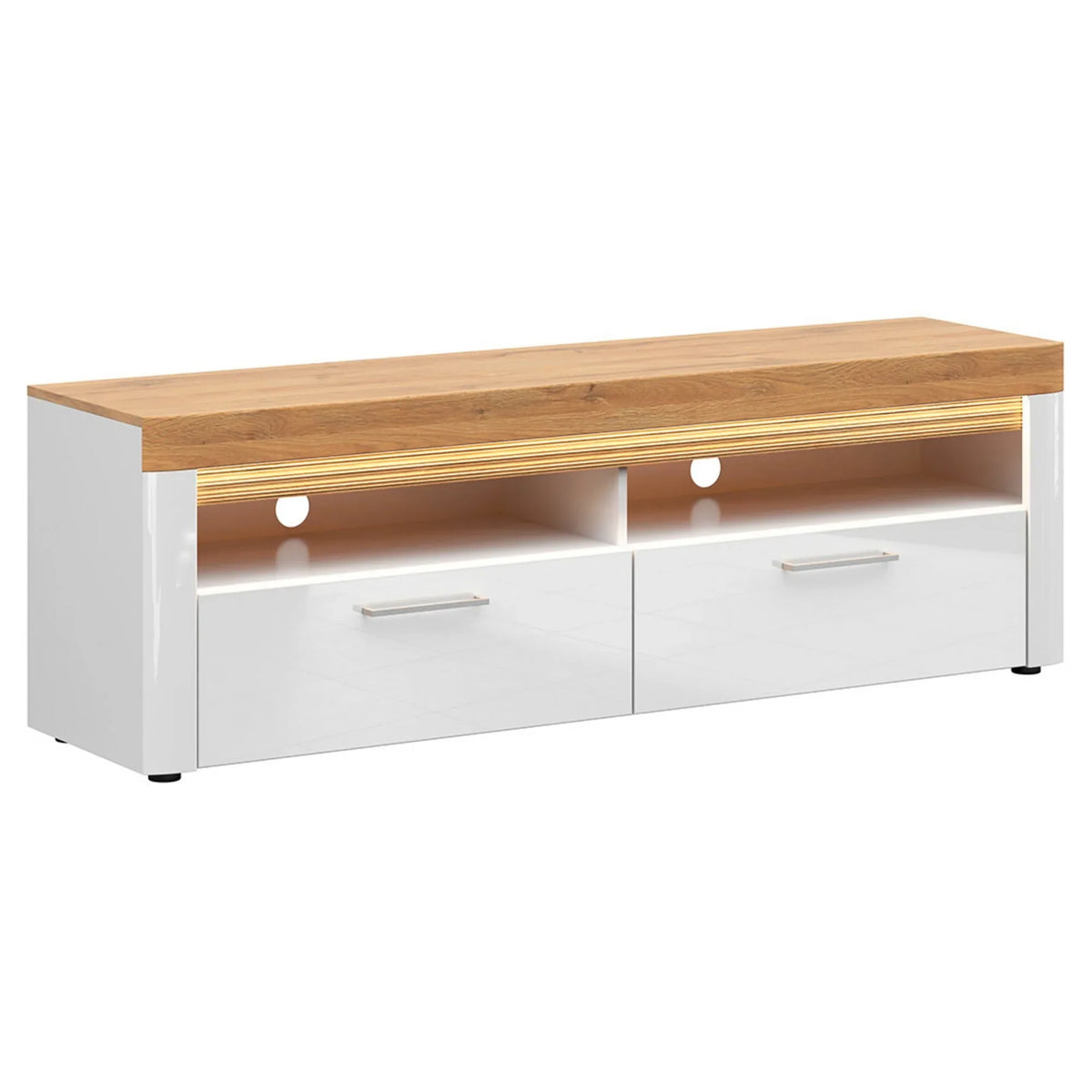 Comoda TV HORTON, alb/stejar grandson, PAL laminat, cu iluminare LED, 167x42x54 cm