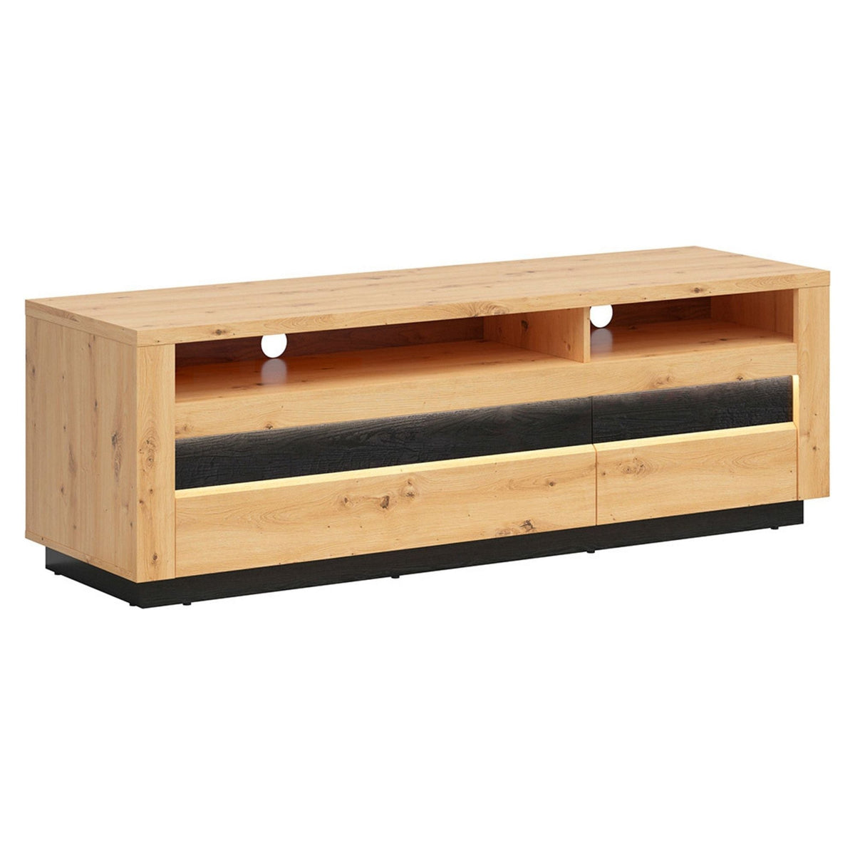 Comoda TV OSTIA, stejar artizanal/negru, PAL, cu iluminare LED, 161x48x53.5 cm