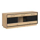 Comoda TV PONT, stejar artizanal/negru mat, PAL/sticla, 160x42x61.5 cm