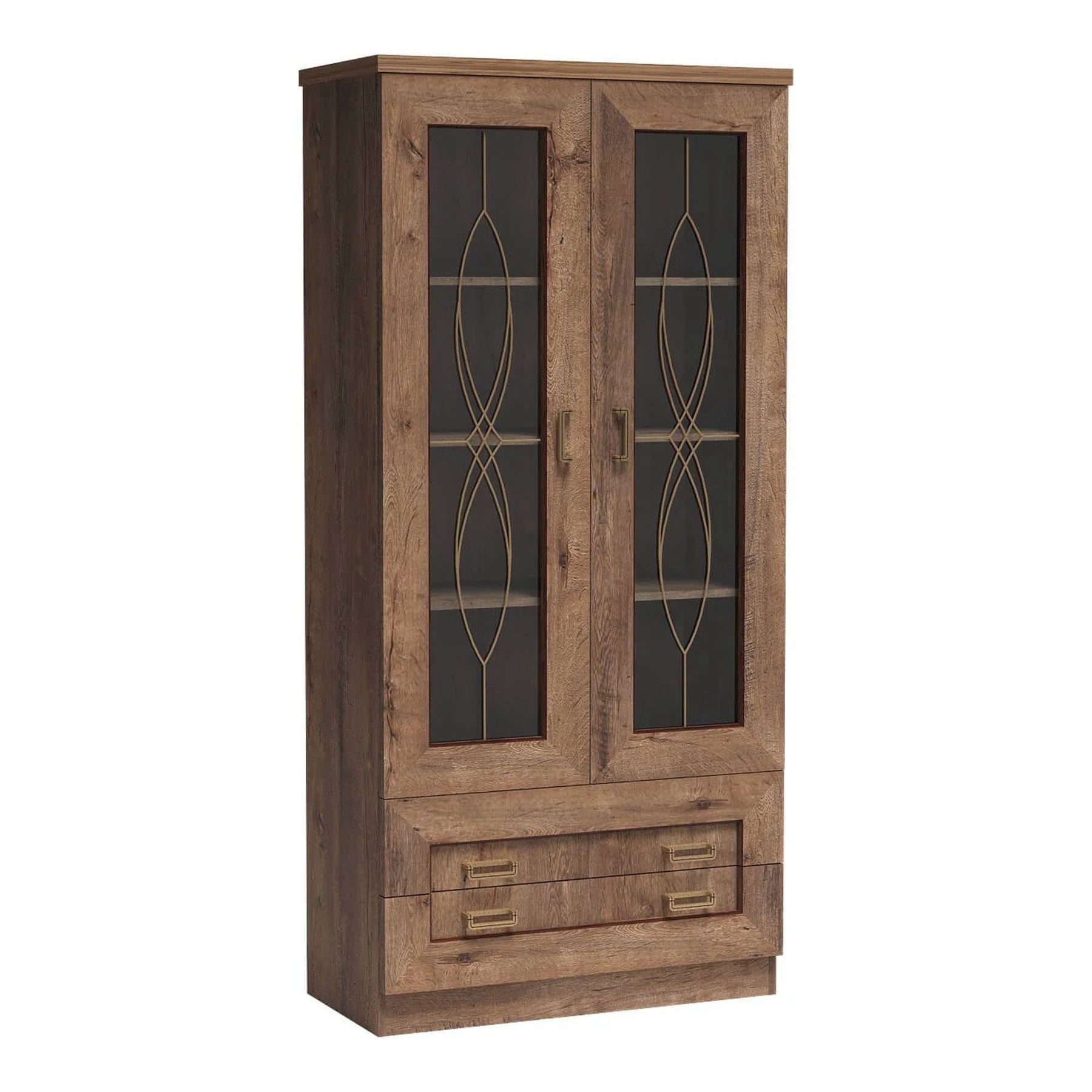 Vitrina living TEDY Typ T8, PAL melaminat, stejar lefkas, 90x44x190 cm, 2 usi si 2 sertare