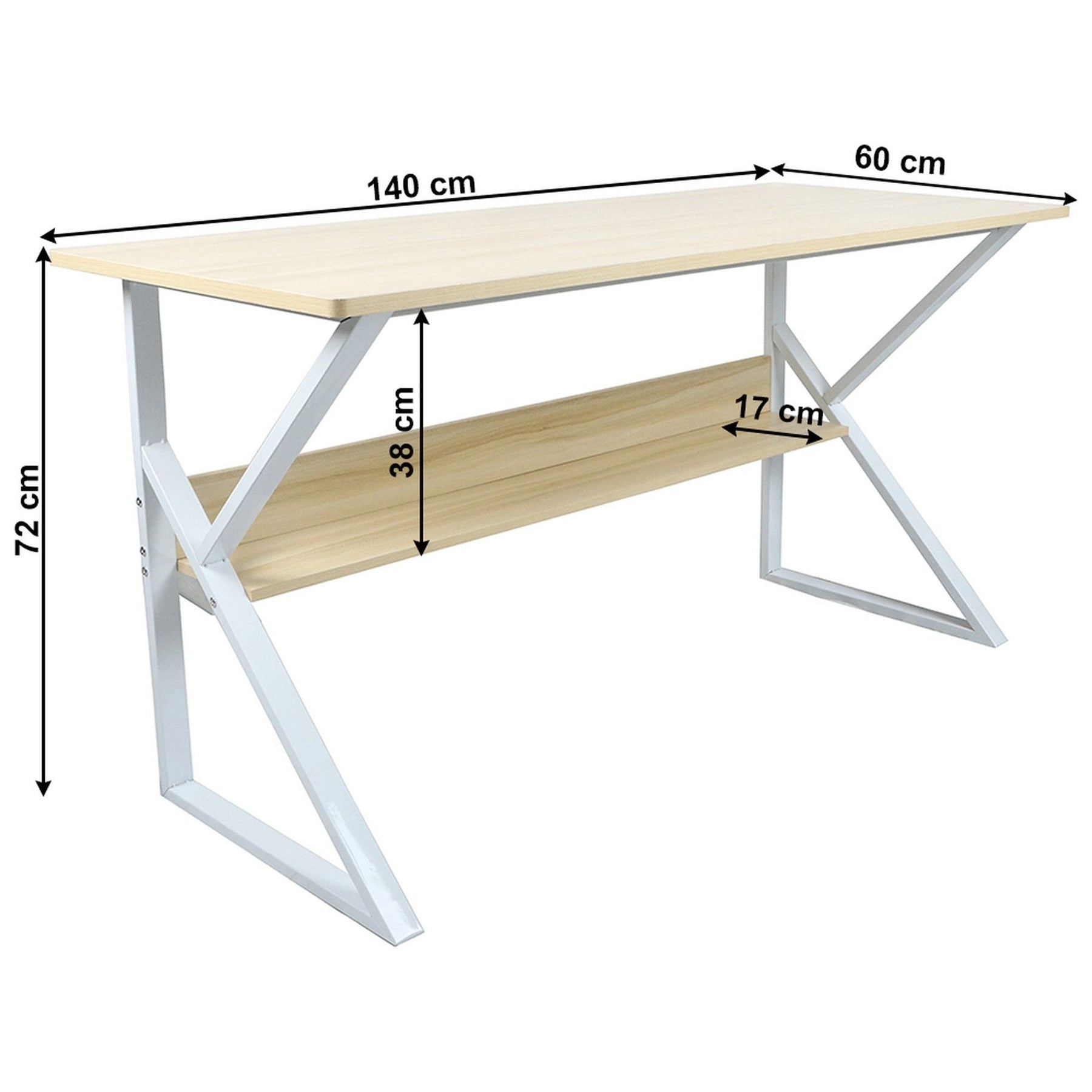 Masa birou TARCAL, cu raft laminat/metal, stejar natural/alb, 140x72x60 cm