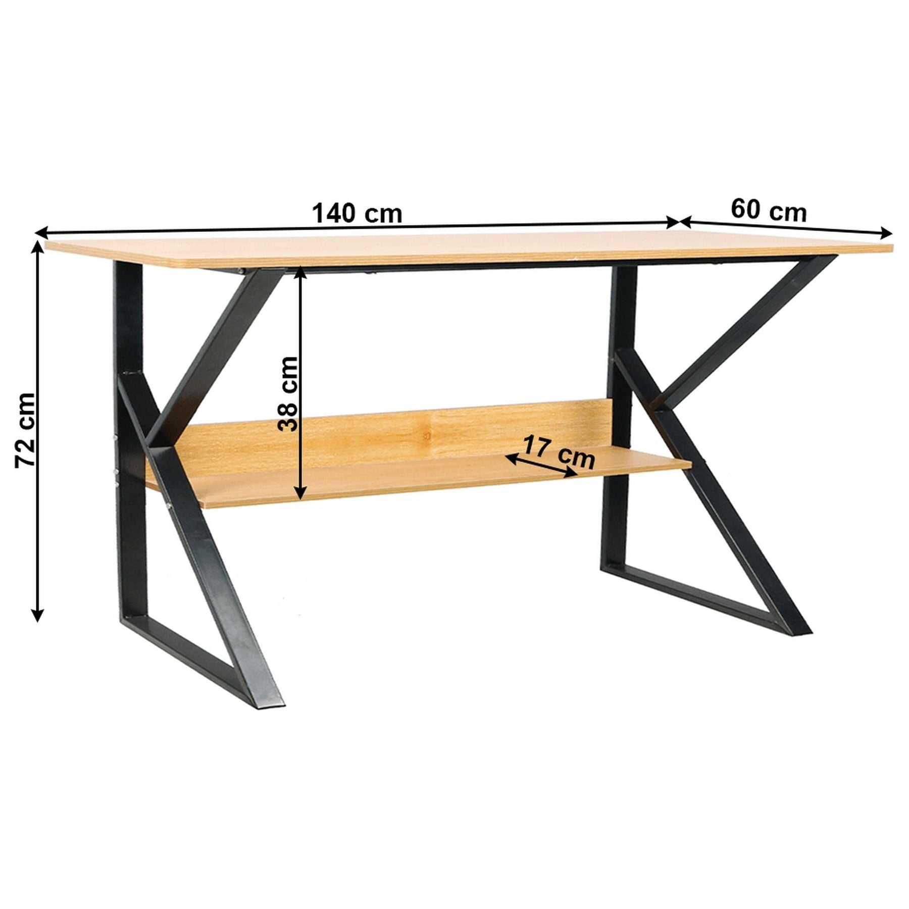 Masa birou TARCAL, cu raft laminat/metal, fag/negru, 140x72x60 cm