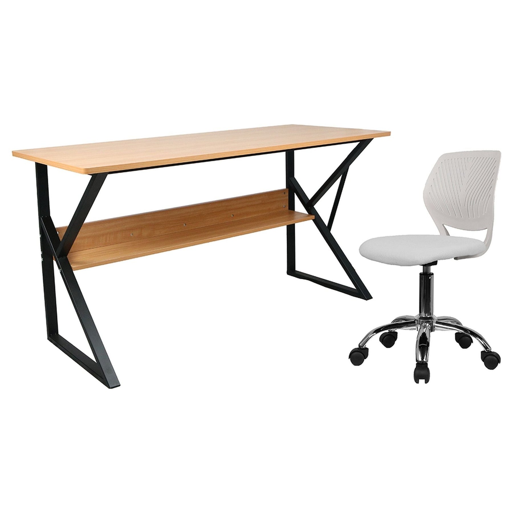 Masa birou TARCAL, cu raft laminat/metal, fag/negru, 140x72x60 cm