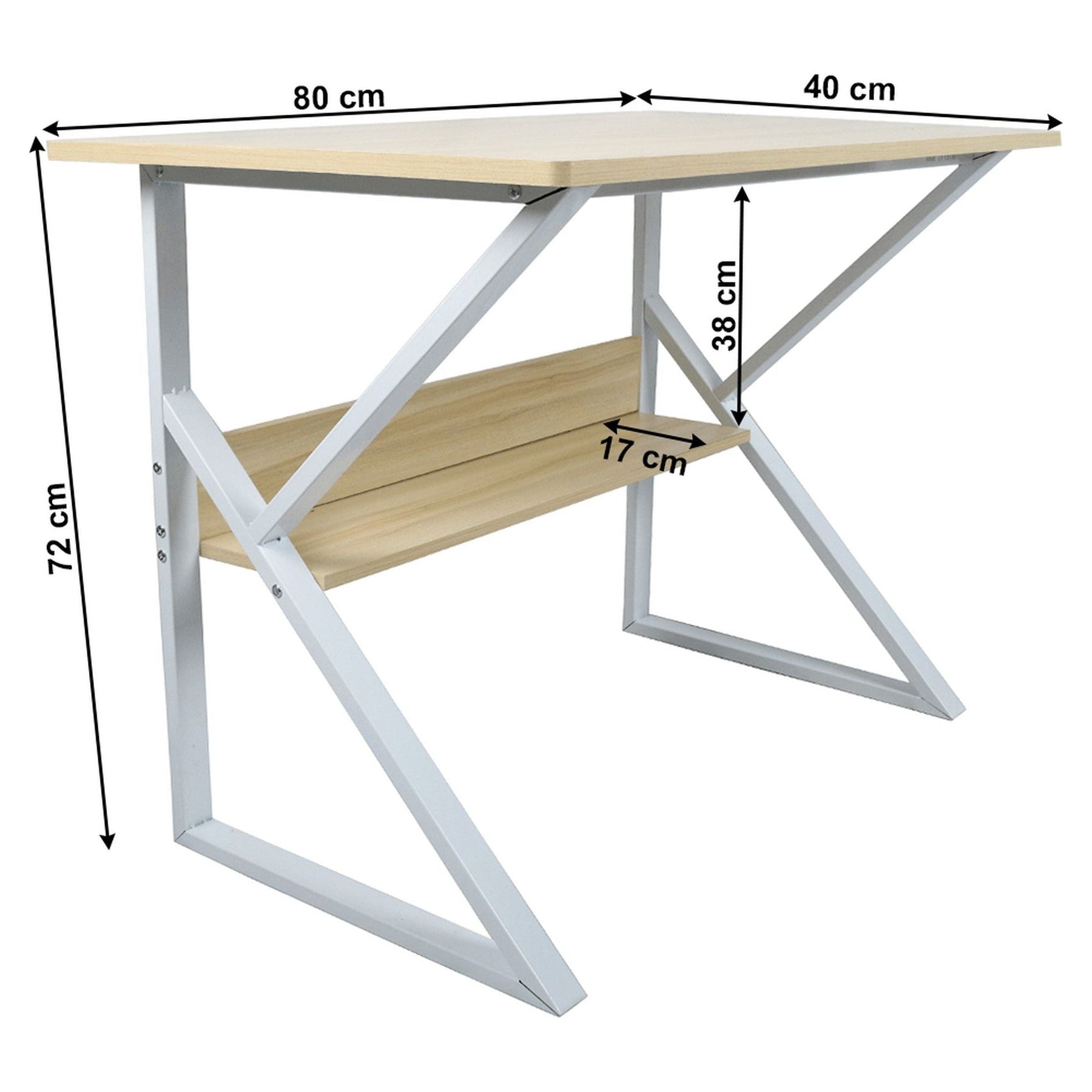 Masa birou TARCAL, cu raft laminat/metal, stejar natural/alb, 80x72x40 cm