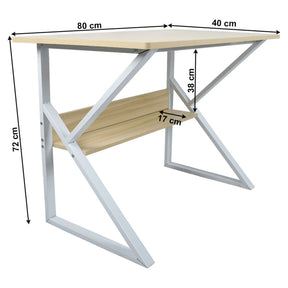 Masa birou TARCAL, cu raft laminat/metal, stejar natural/alb, 80x72x40 cm